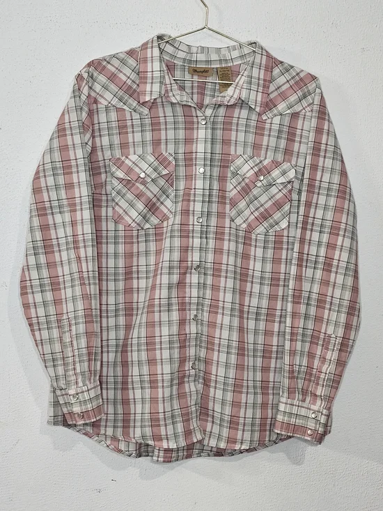 Wrangler Western Plaid Shirt Women's XL Pink White Cowboy Shirt Vintage Inspired - Picture 1 of 10